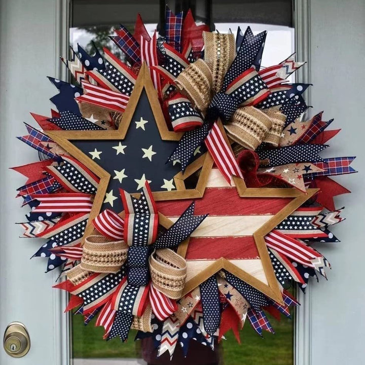 Unisex decorative country house door wreath with overlapping wooden stars and multiple ribbon bows Kalsten