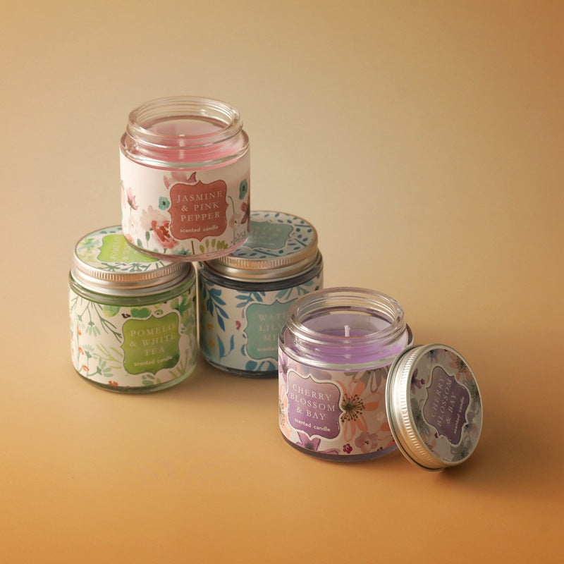 Scented Cherry Blossom & Bay Glass Jar Candle with Metal Screw Lid and Floral Label