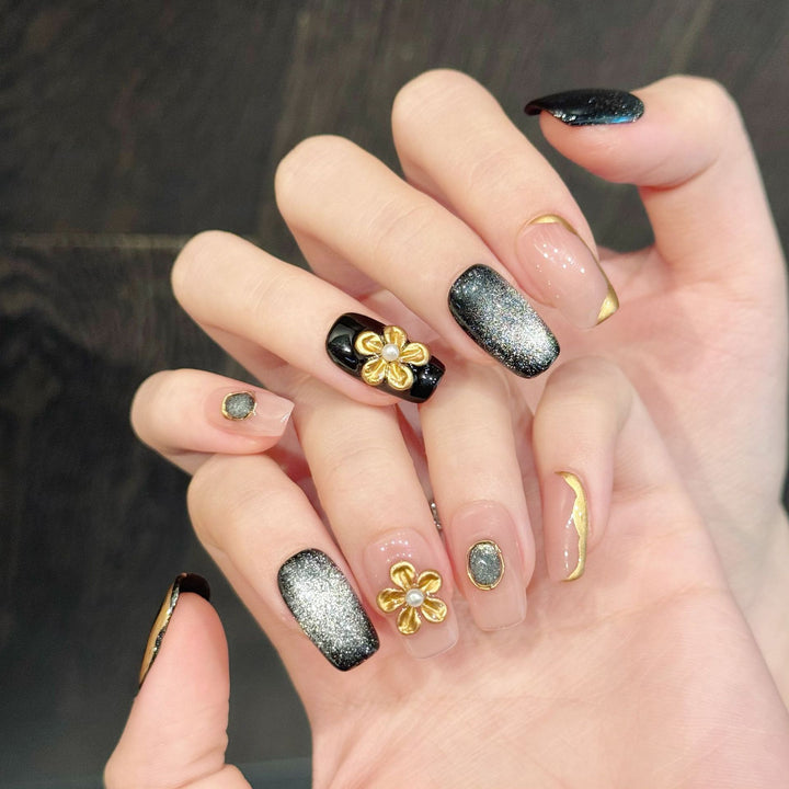 Artistic Metallic Floral Press-On Nail Set