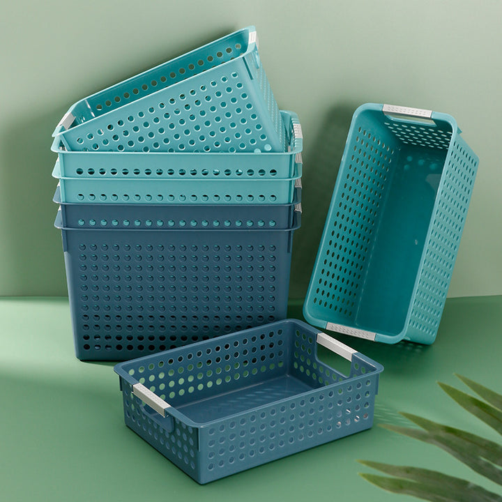 Flat plastic storage box with perforated side wall and grip recesses