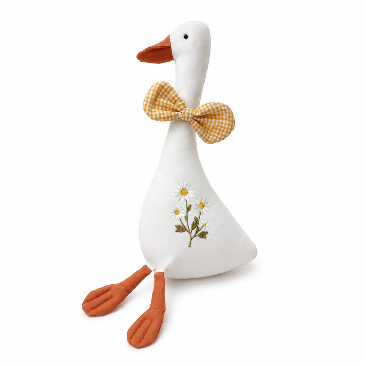 Handcrafted Linen Goose Plush Toy with Embroidered Daisy Motif and Gingham Bow