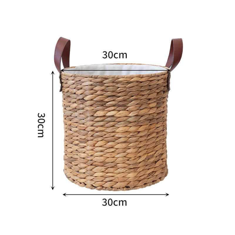 Braided storage basket with leather handles