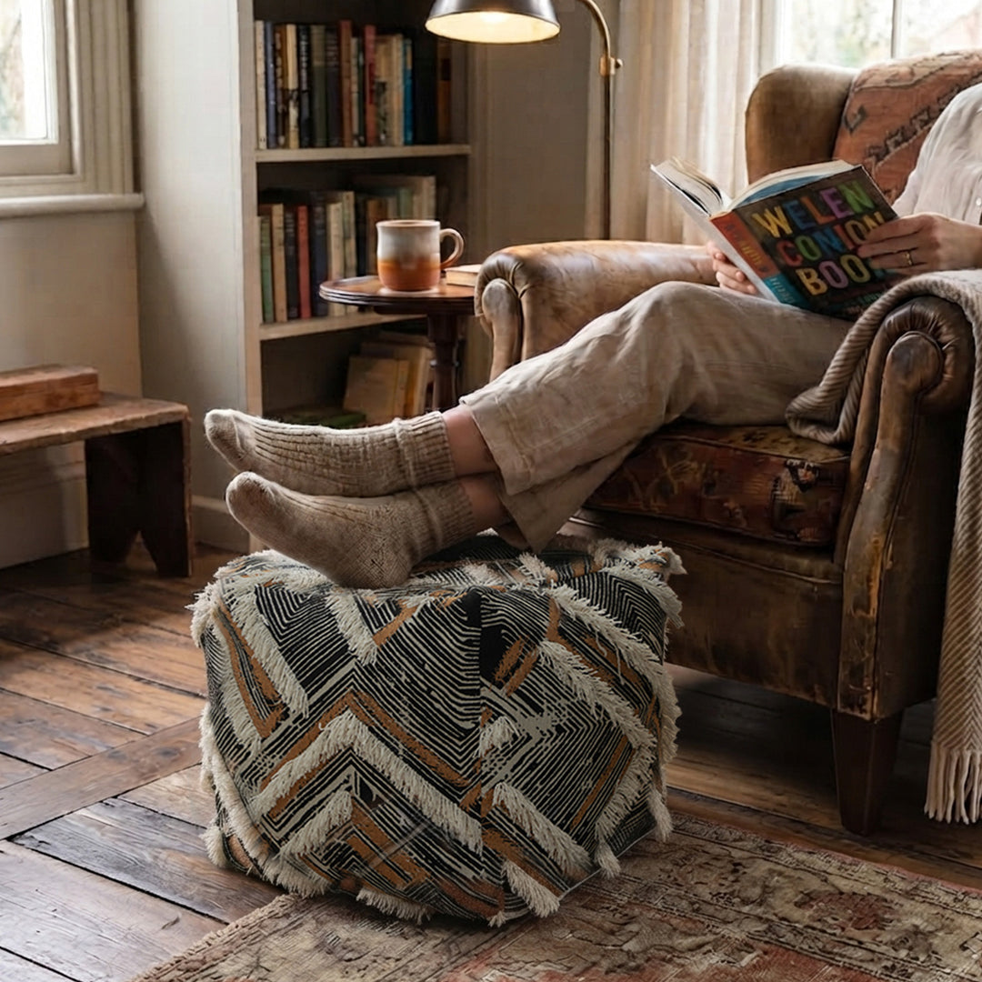 Padded Boho seat pouf with fringes and woven patchwork cover