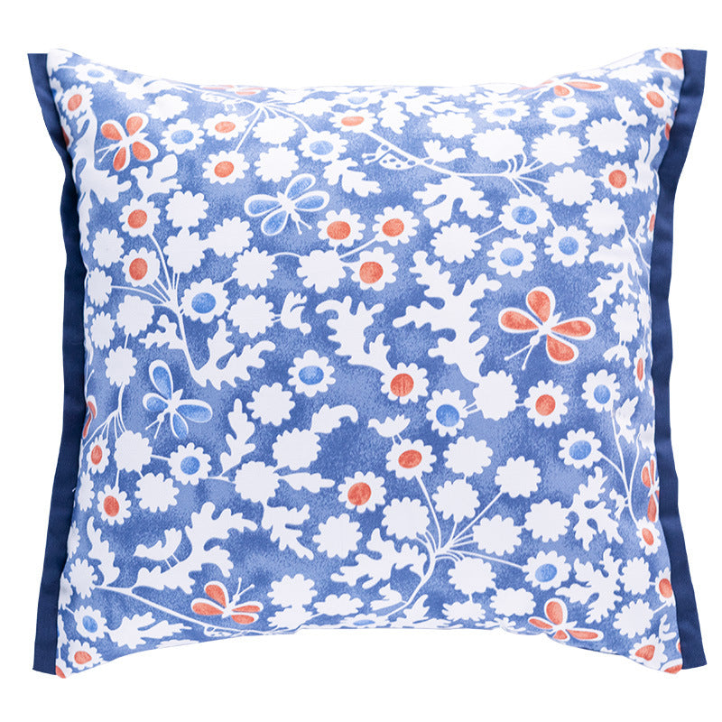 Square decorative cushion cover with botanical leaf print, cotton-linen mix and contrasting piped edge