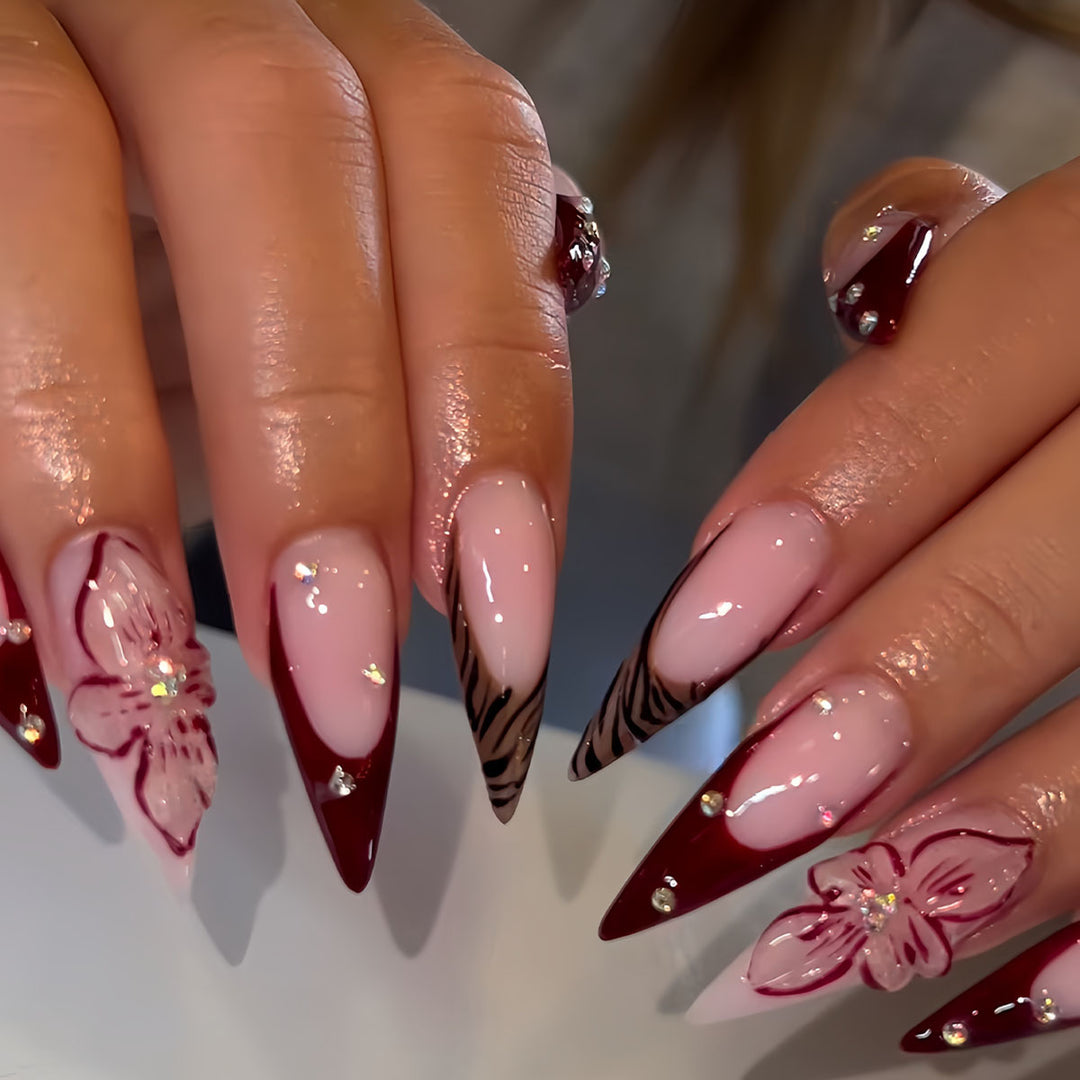 Elegant Stiletto Press-On Nail Art Set with Floral and Geometric Designs Kalsten