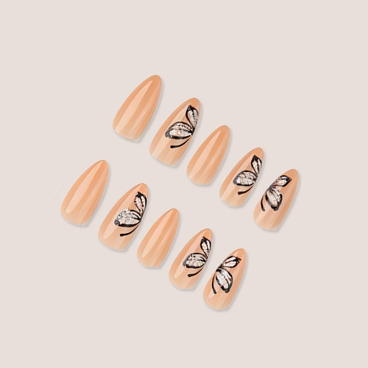 Artificial nail set with delicate butterfly motifs and elegant finish Kalsten