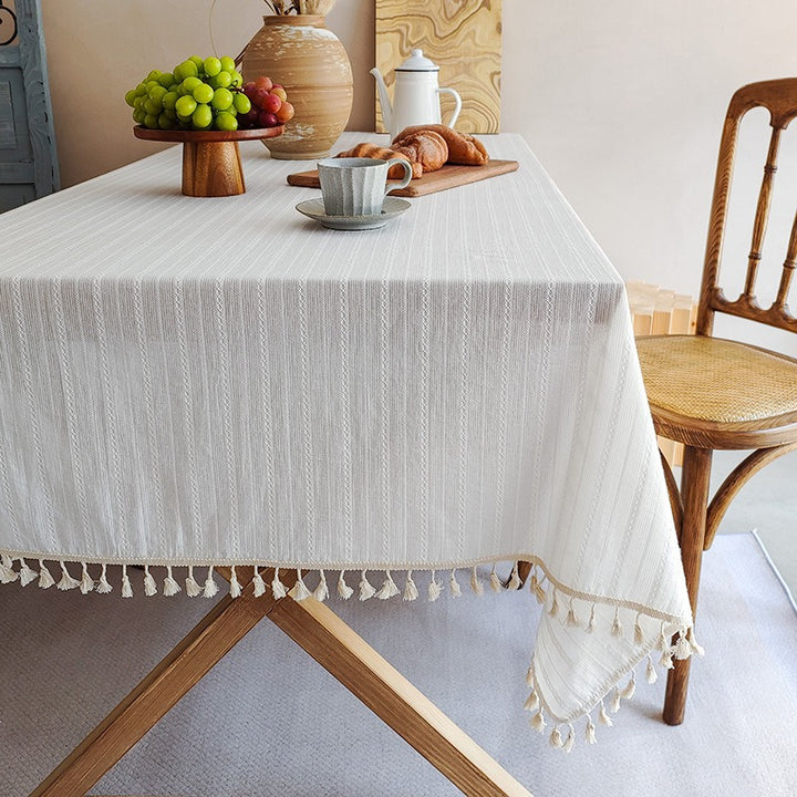 Rectangular Linen-Blend Tassel-Trim Dining Tablecloth with Scattered Dot Embroidery