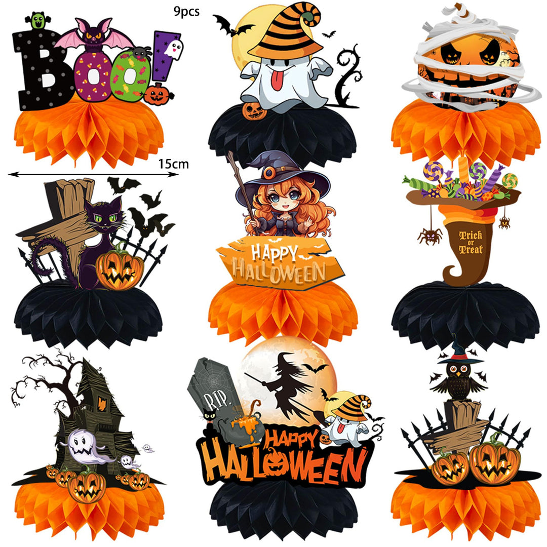 Paper Halloween table decoration with three-dimensional honeycomb centerpieces
