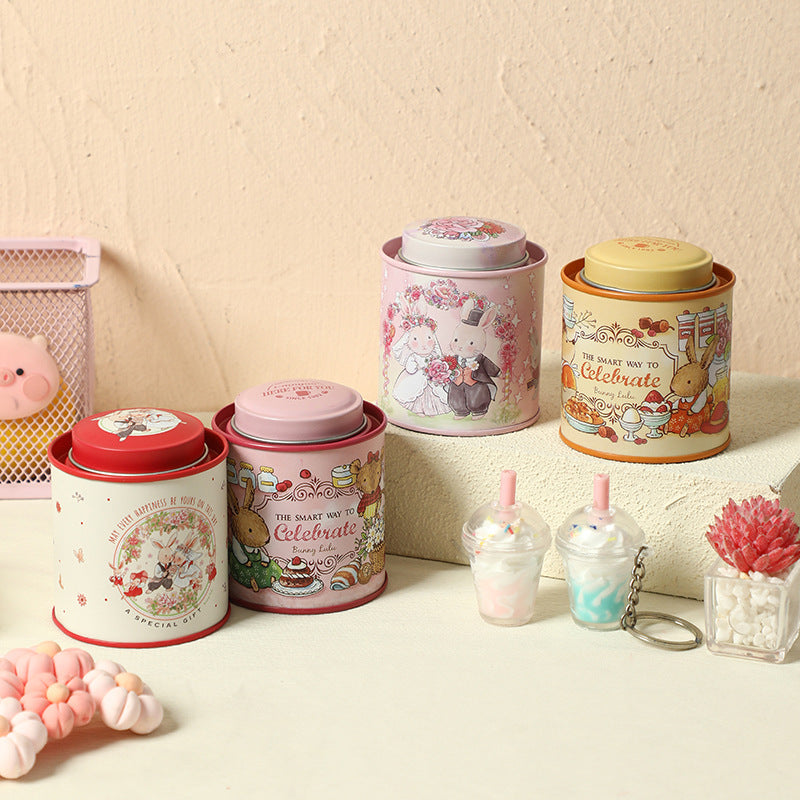 Decorative Tin Storage Canister with Illustrated Wedding Bunny Couple