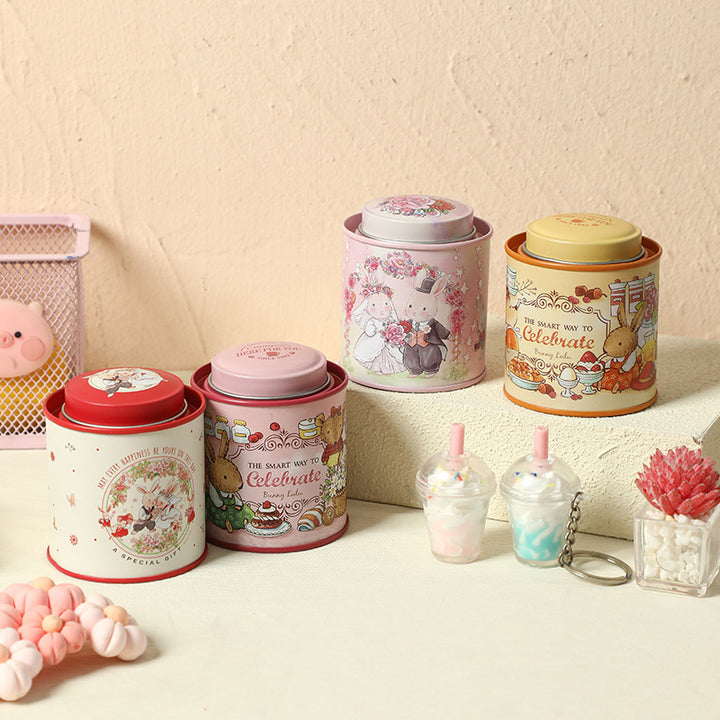Decorative Tin Storage Canister with Illustrated Wedding Bunny Couple