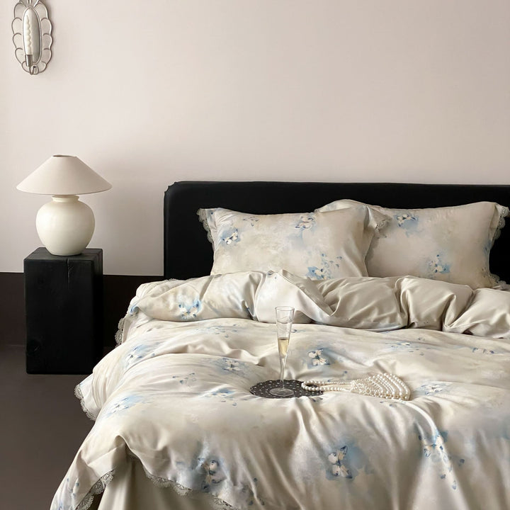 Luxury Satin Bed Linen Set with Floral Silk Look and Lace Trim
