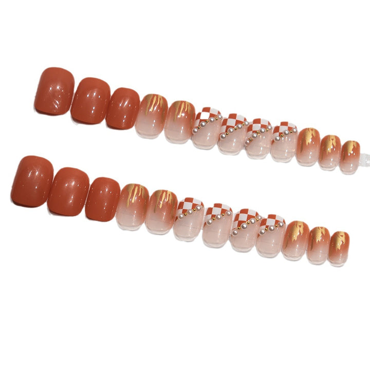 Artistic Press-On Nail Set with Checkerboard Design
