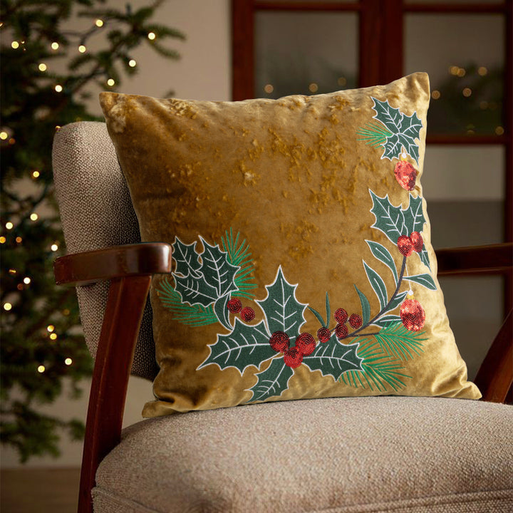 Rectangular velvet cushion cover with embroidered Christmas ornaments Kalsten