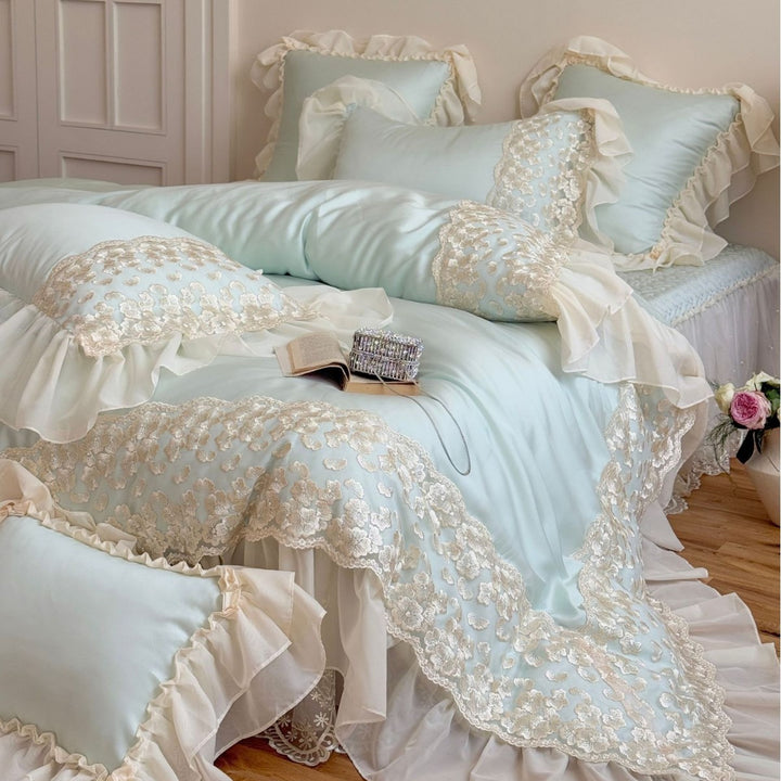 Luxurious lace bedding set with ruffles and frills