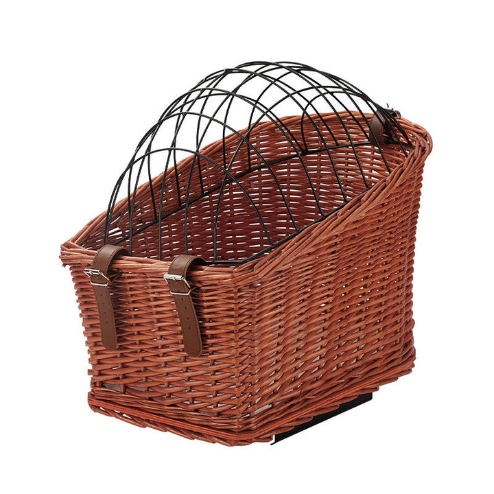 front-mount wicker bicycle pet carrier basket with foldable metal safety dome and adjustable leather buckle straps Kalsten