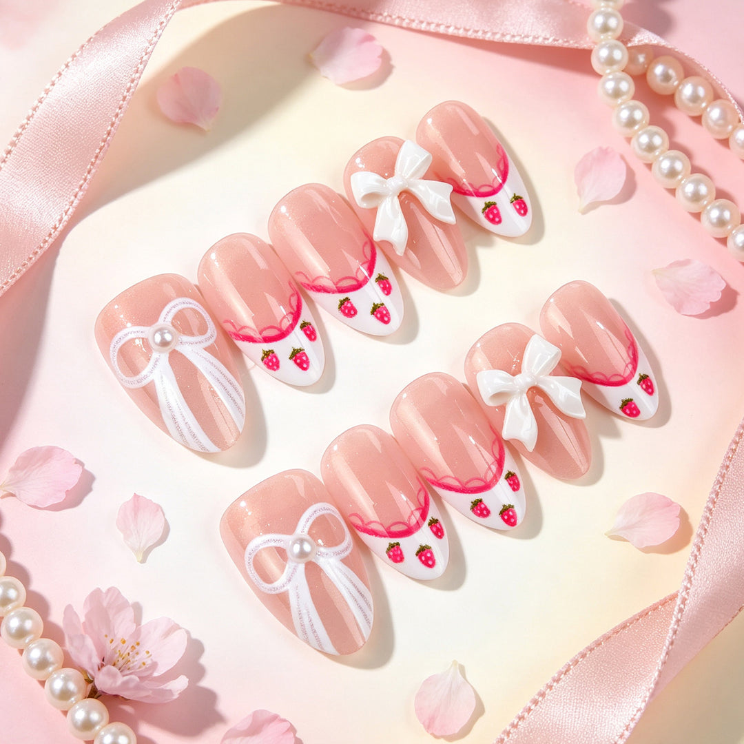 Decorative Bow and Strawberry-Themed Press-On Nail Art Set Kalsten