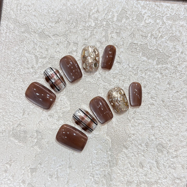 Artificial Nail Set with Glitter and Gold Accents Kalsten