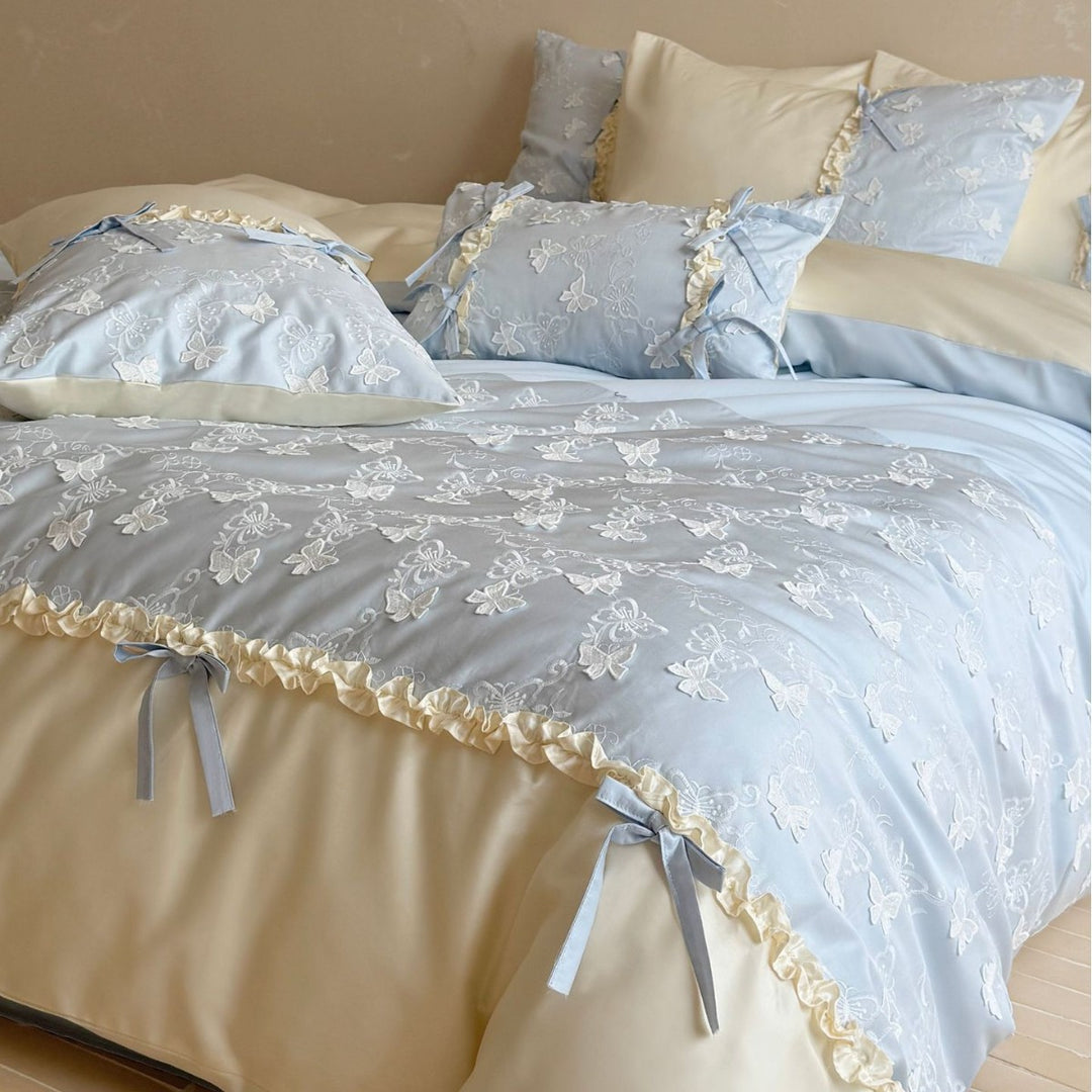 Luxurious bedding set with butterfly embroidery, ruffles and decorative bows