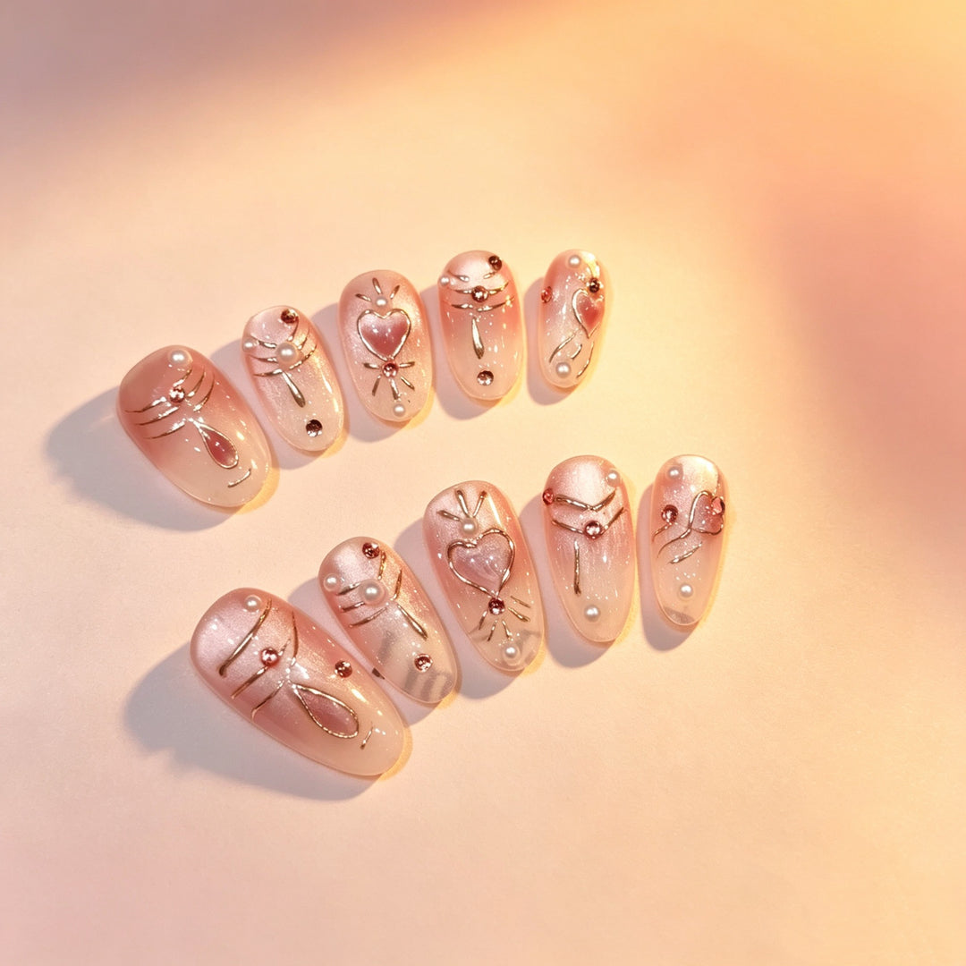 Artistic Press-On Nail Set with Elegant Heart and Floral Accents