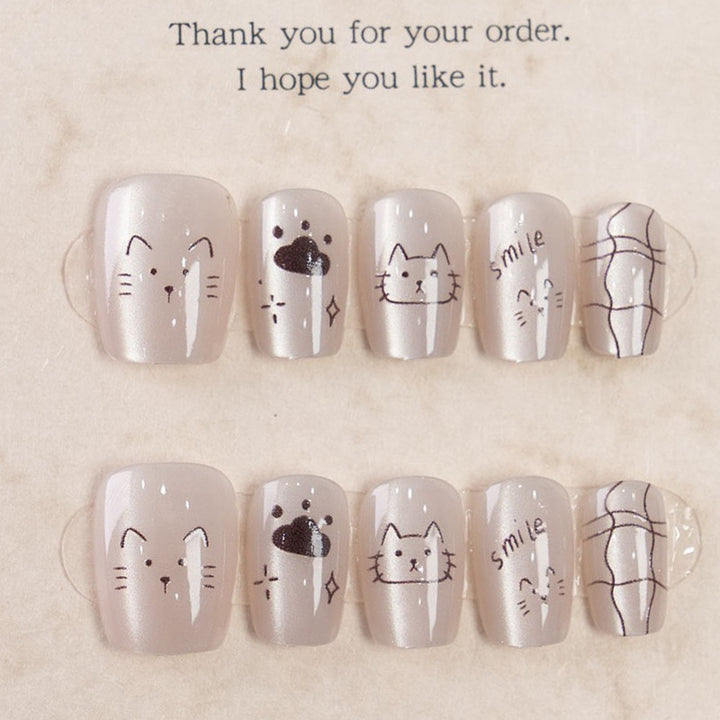 Whimsical Cat-Themed Press-On Nail Art Kalsten
