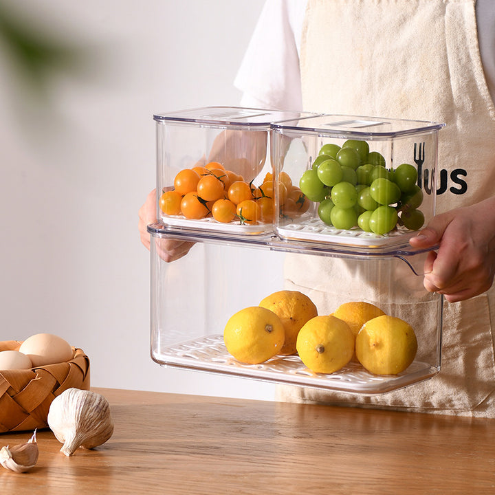Fridge organizer and freshness box with removable ventilation grid and stackable design