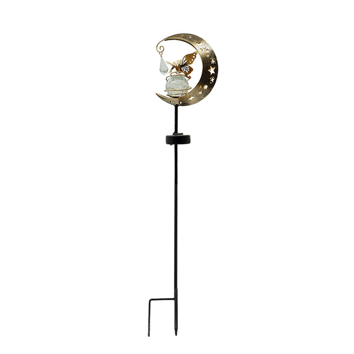 Decorative Crescent Moon Solar Garden Stake Lamp With Hanging Crystal Orb And Butterfly Kalsten