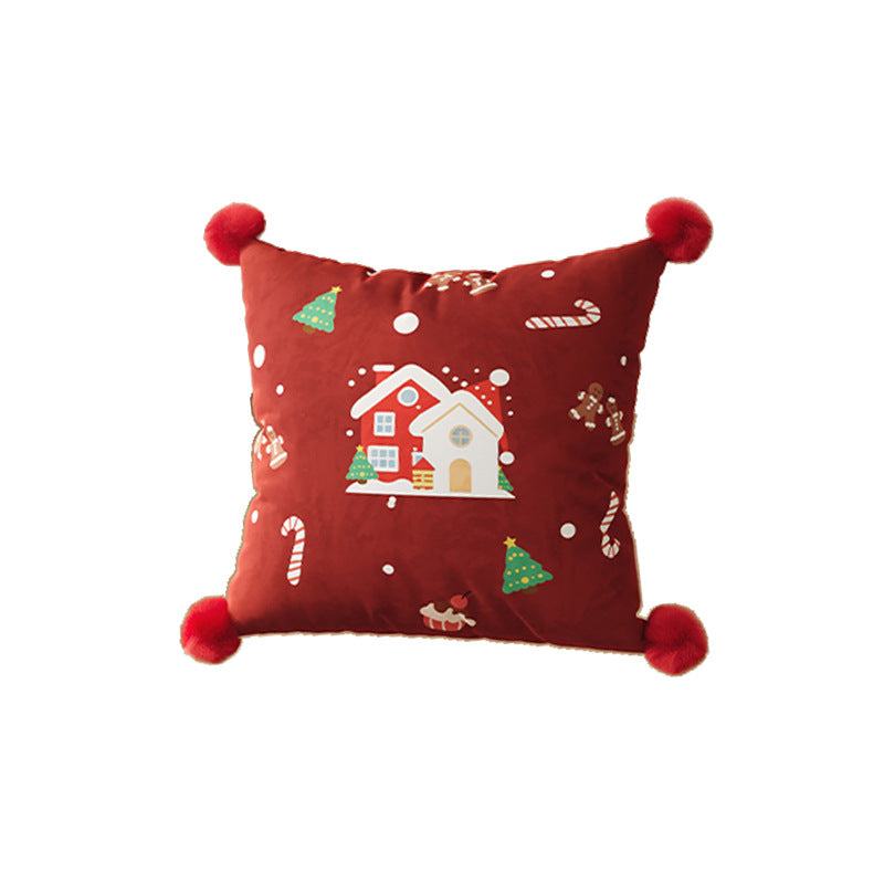 Festive Plaid Pom-Pom Corner Decorative Christmas Throw Pillow Cover