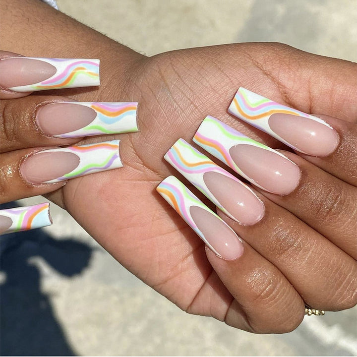 Artistic Press-On Nails with Colorful Wave Design Kalsten
