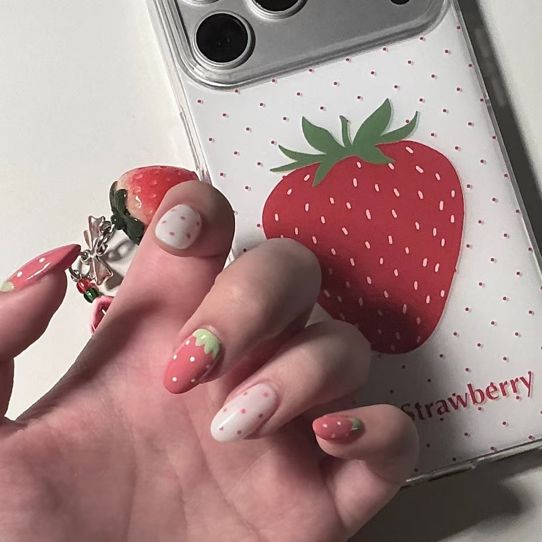 Strawberry-Themed Acrylic Nail Extensions