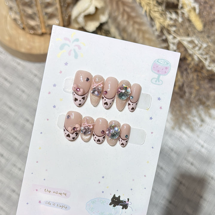 Decorative Press-On Nail Art Set with Heart and Gem Accents Kalsten
