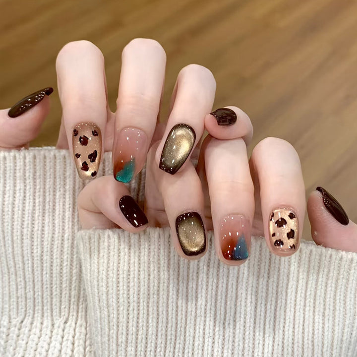 Artistic Press-On Nail Set with Leopard Print and Gold Accents Kalsten