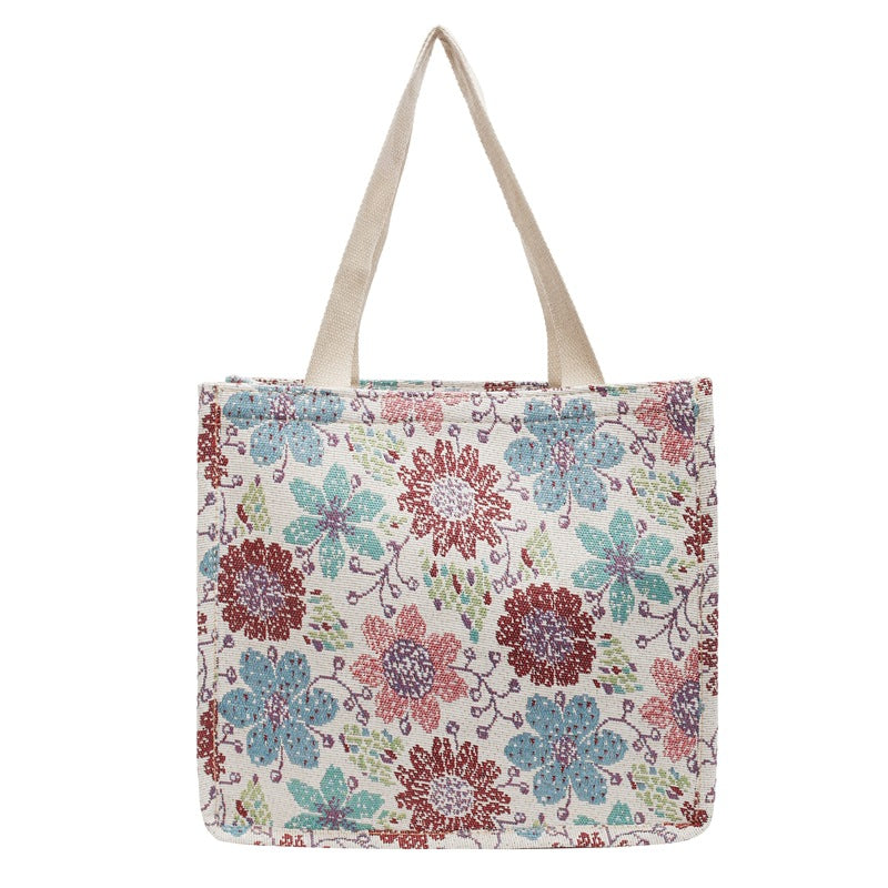 Floral Embroidered Tapestry Tote Bag