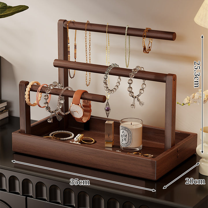 Tiered Wooden Jewelry and Watch Organizer with Tray and Hanging Rods