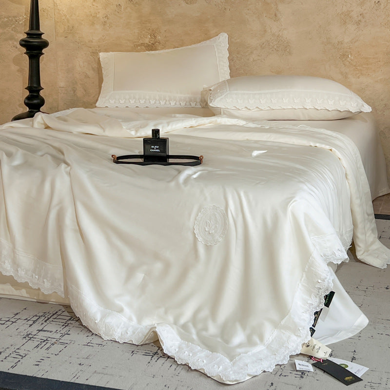 Cotton satin duvet cover set with decorative lace appliqué and embroidered medallion