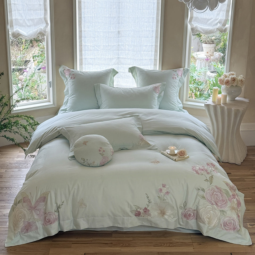 luxurious cotton satin bed linen set with floral embroidery