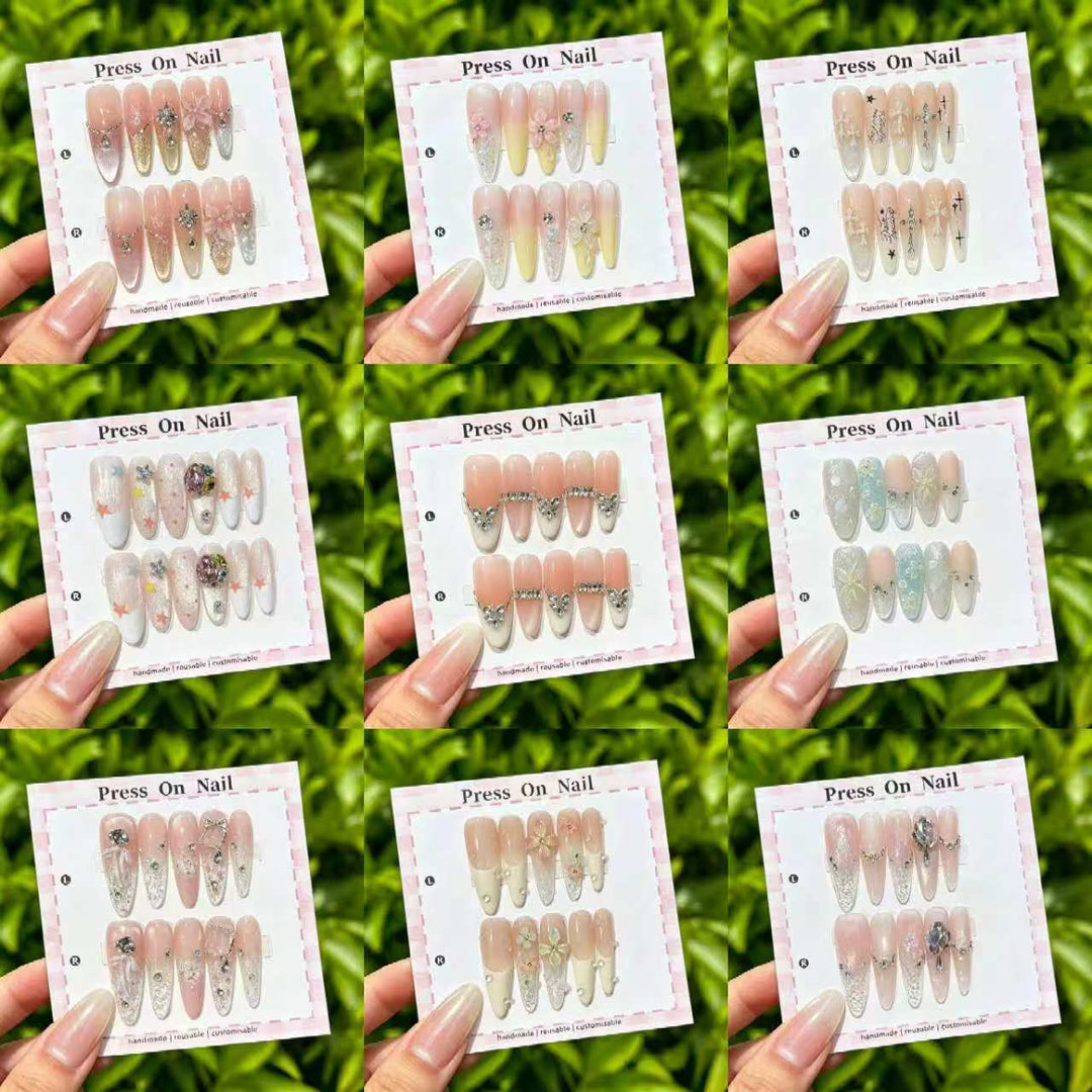 Artistic Press-On Nail Art Set with Star and Floral Accents