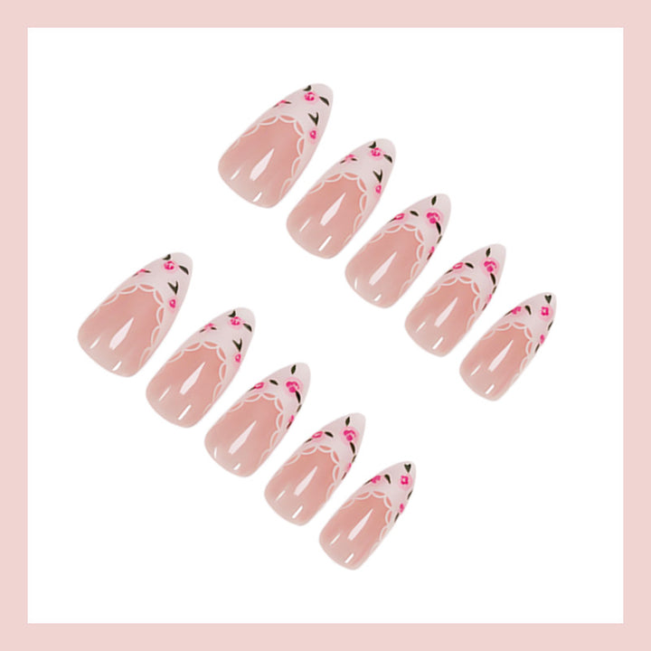 Artificial Nail Set with Elegant Flower and Lace Decorations Kalsten