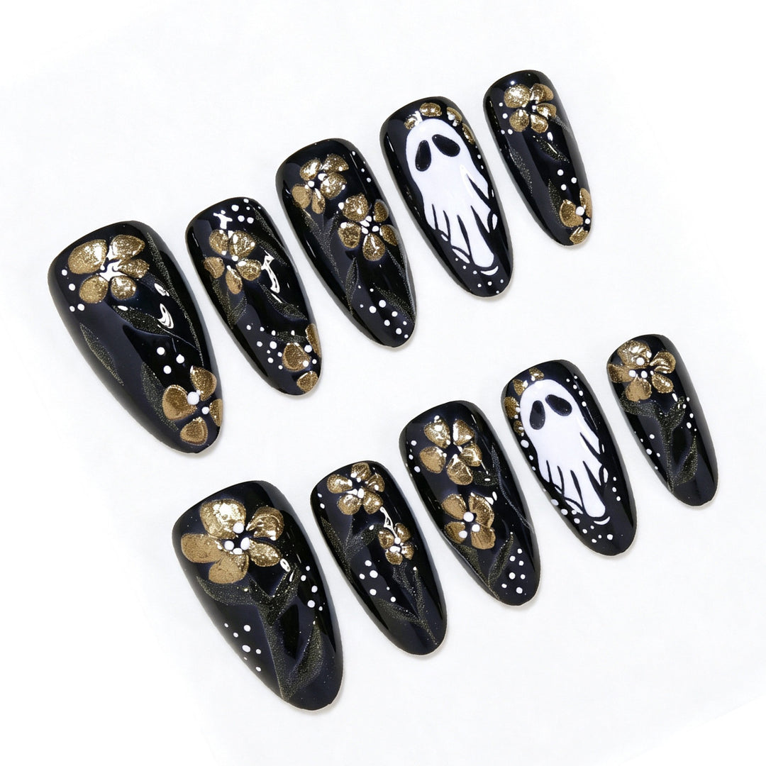 Artistic Ghost and Floral Theme Press-On Nail Art Kalsten