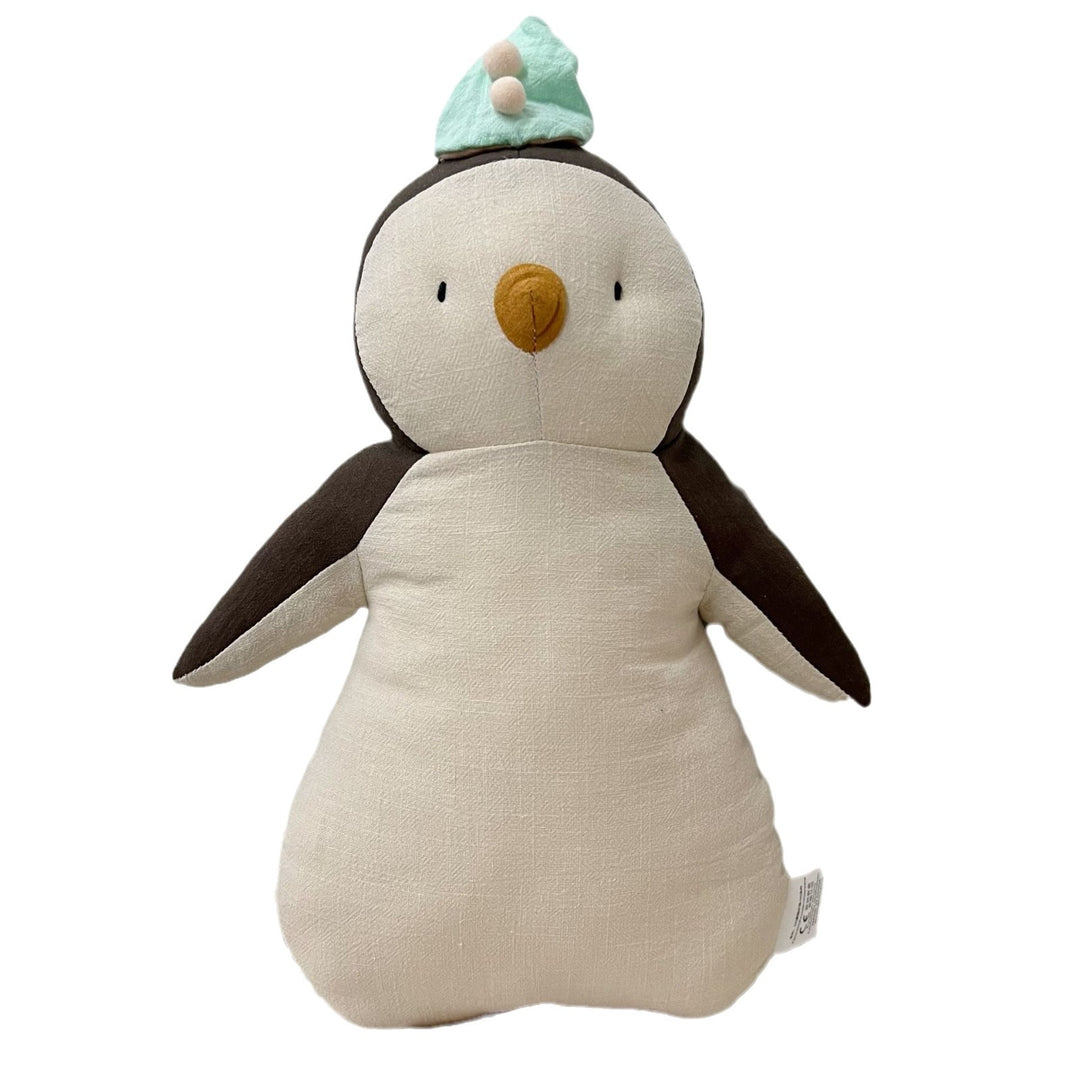 Handcrafted Organic Cotton Penguin Plush Toy with Striped Knit Scarf and Embroidered Face