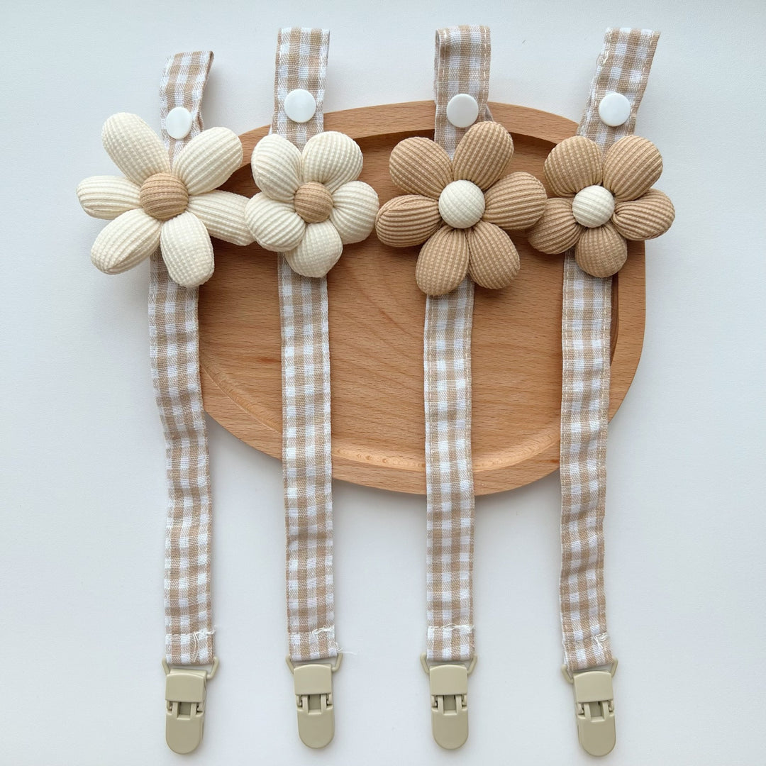 Gingham Cotton Pacifier Lanyard with Padded Ribbed Flower and Quick-Release Clip