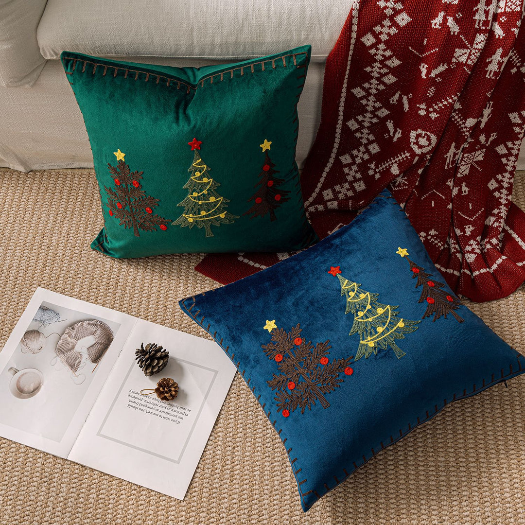 Embroidered Christmas Tree Square Throw Pillow Cover with Whipstitch Edge