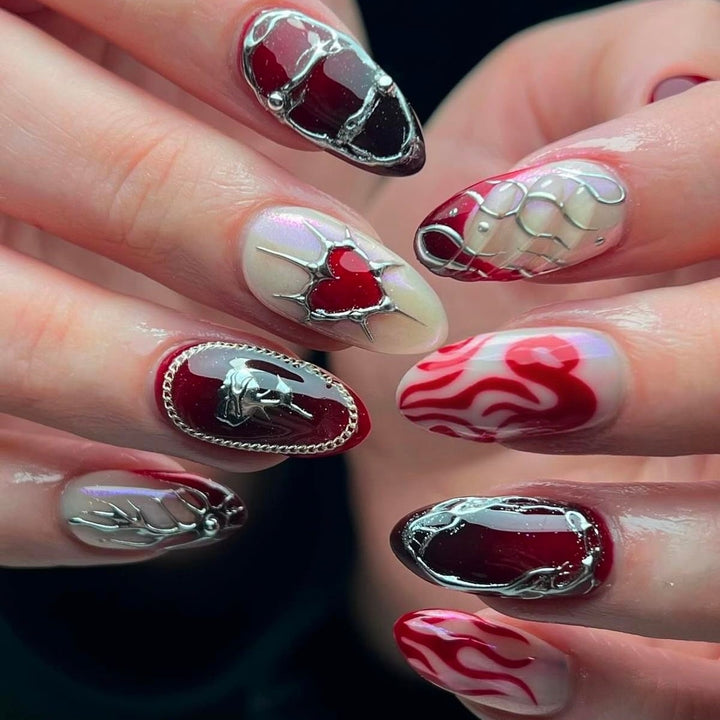 Stylish artificial nails with creative heart and flame designs Kalsten