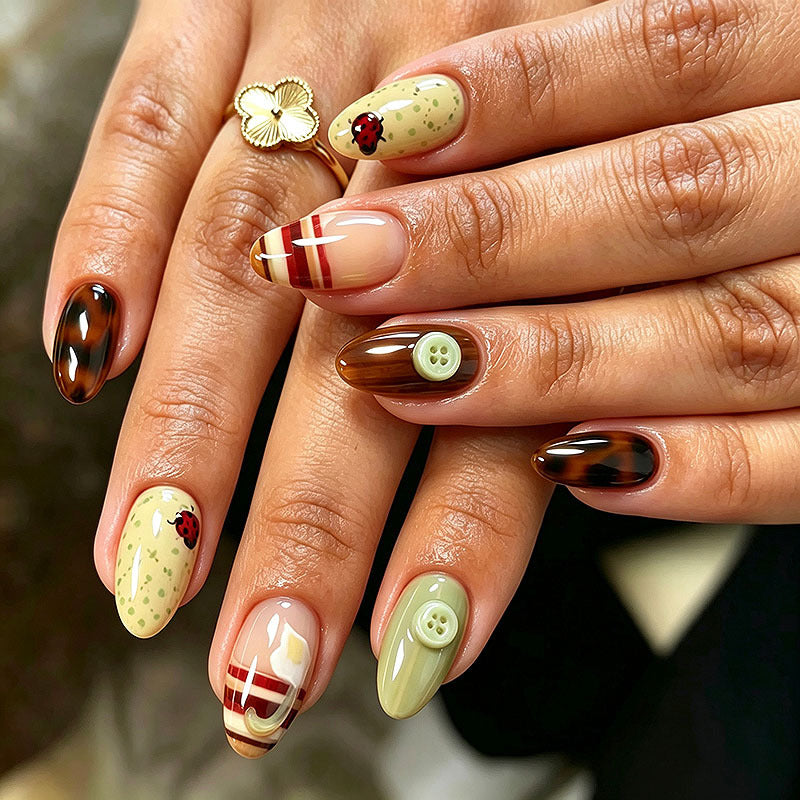 Whimsical Ladybug & Cucumber Press-On Nails