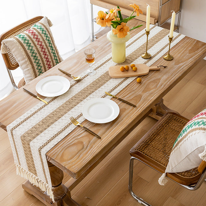 Handwoven Cotton Bohemian Tassel Table Runner with Neutral Geometric Stripes
