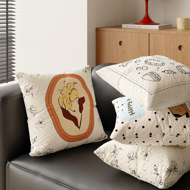 Decorative Square Cotton-Linen Throw Pillow Cover with Quilted Botanical Medallion