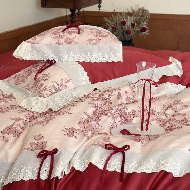 Romantic Cotton Bedding Set with Floral Embroidery, Lace Border and Decorative Ribbons