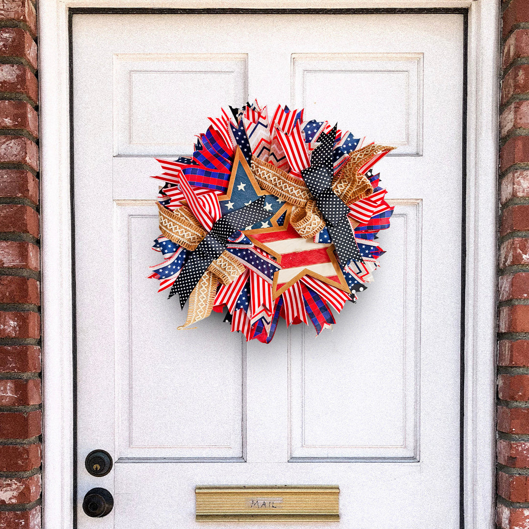 Unisex nan decorative layered Americana star burlap ribbon door wreath with mixed patterned fabric streamers and polka dot bow Kalsten