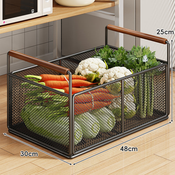 Rolling Mesh Kitchen Storage Cart with Wooden Handles