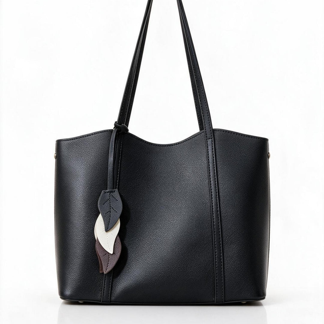 Pebbled Vegan Leather Structured Tote with Leaf Charm & Long Shoulder Straps