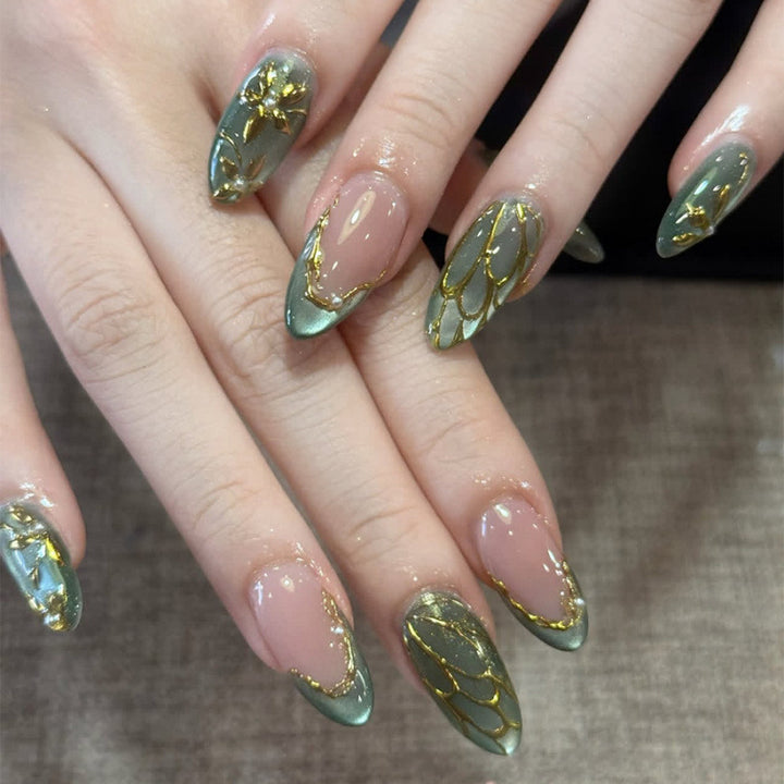Artistic Press-On Nail Set with Gold Accents